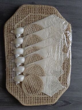 Vintage Set Of 6 Napkins 6 Capiz Shell Rings 6 Bamboo Placemats 6 Coasters